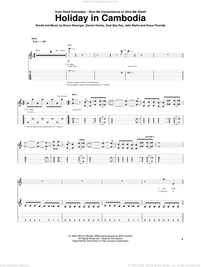 Holiday In Cambodia sheet music for guitar (tablature) by Dead Kennedys, Bruce Slesinger, Darren Henley, East Bay Ray, Jello Biafra and Klaus Flouride, intermediate skill level