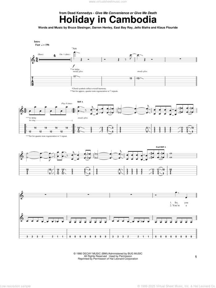 Holiday In Cambodia sheet music for guitar (tablature) by Dead Kennedys, Bruce Slesinger, Darren Henley, East Bay Ray, Jello Biafra and Klaus Flouride, intermediate skill level