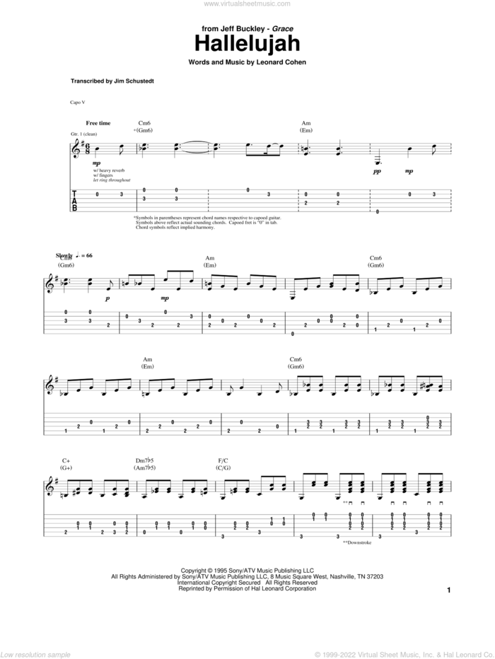 Hallelujah sheet music for guitar (tablature) by Jeff Buckley and Leonard Cohen, wedding score, intermediate skill level