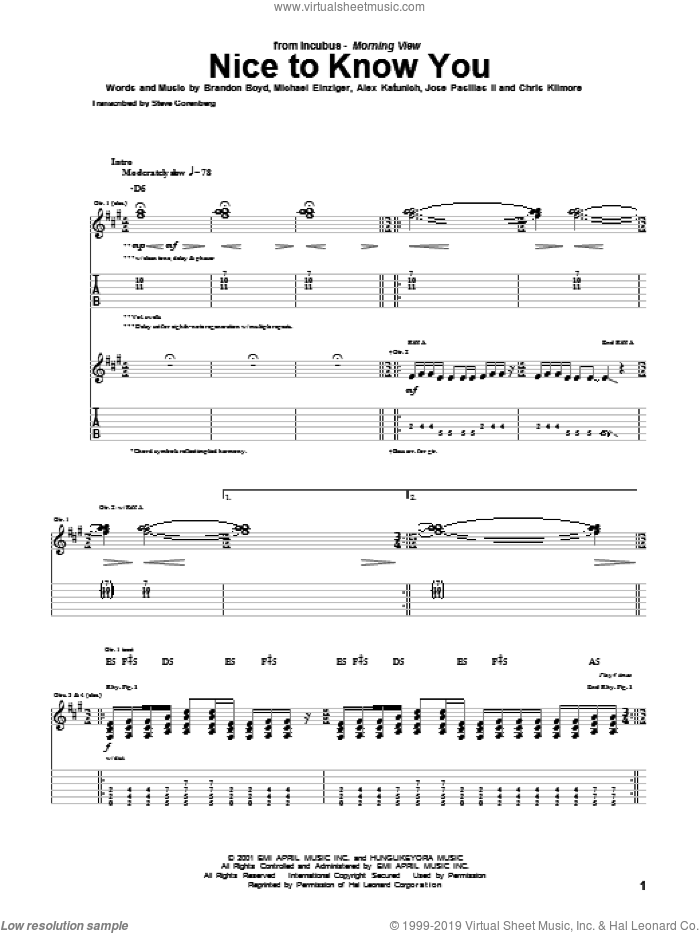 Nice To Know You sheet music for guitar (tablature) by Incubus, Alex Katunich, Brandon Boyd, Chris Kilmore, Jose Pasillas II and Michael Einziger, intermediate skill level