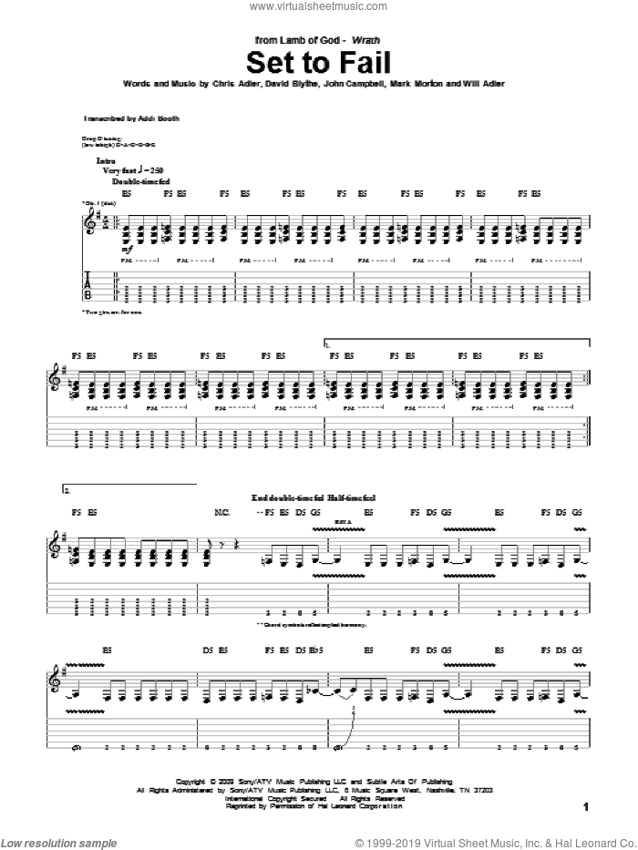 Set To Fail sheet music for guitar (tablature) by Lamb Of God, Chris Adler, David Blythe, John Campbell, Mark Morton and Will Adler, intermediate skill level