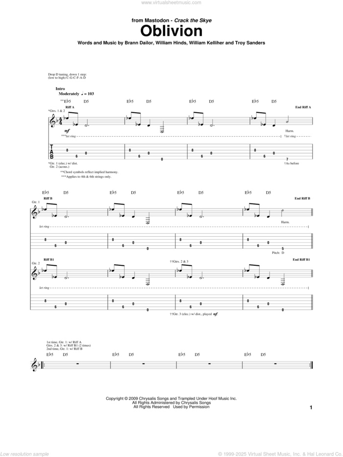 Oblivion sheet music for guitar (tablature) by Mastodon, Brann Dailor, Troy Sanders, William Hinds and William Kelliher, intermediate skill level