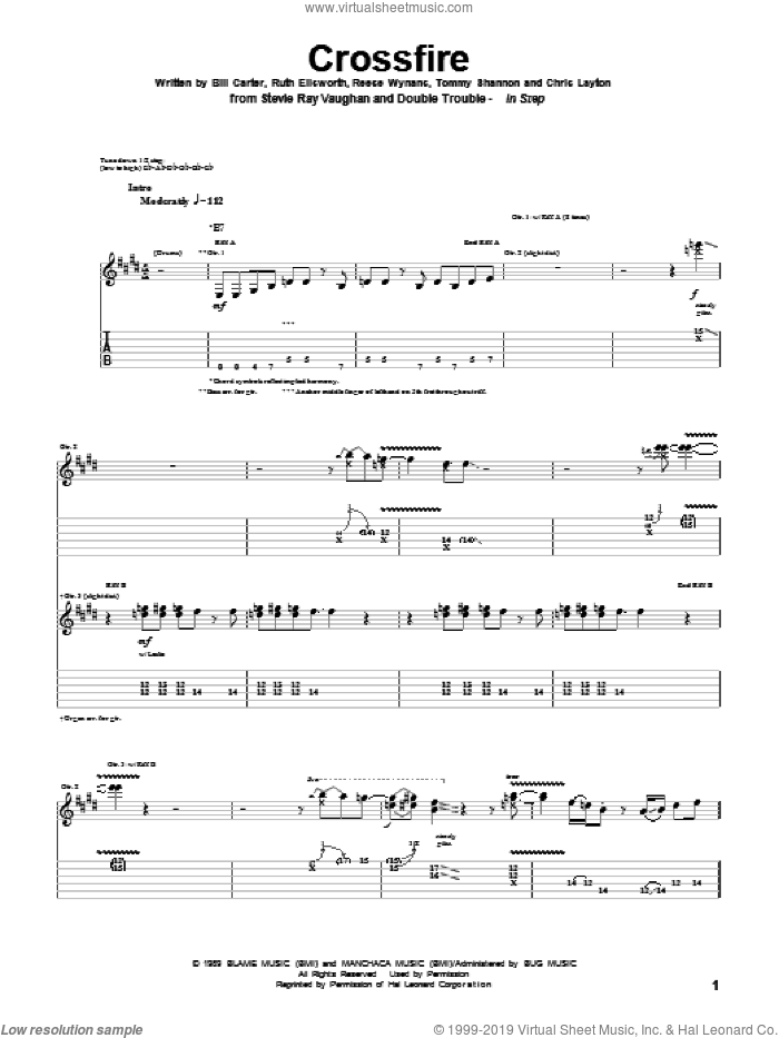 Crossfire sheet music for guitar (tablature) by Stevie Ray Vaughan, Bill Carter, Chris Layton, Reese Wynans, Ruth Ellsworth and Tommy Shannon, intermediate skill level