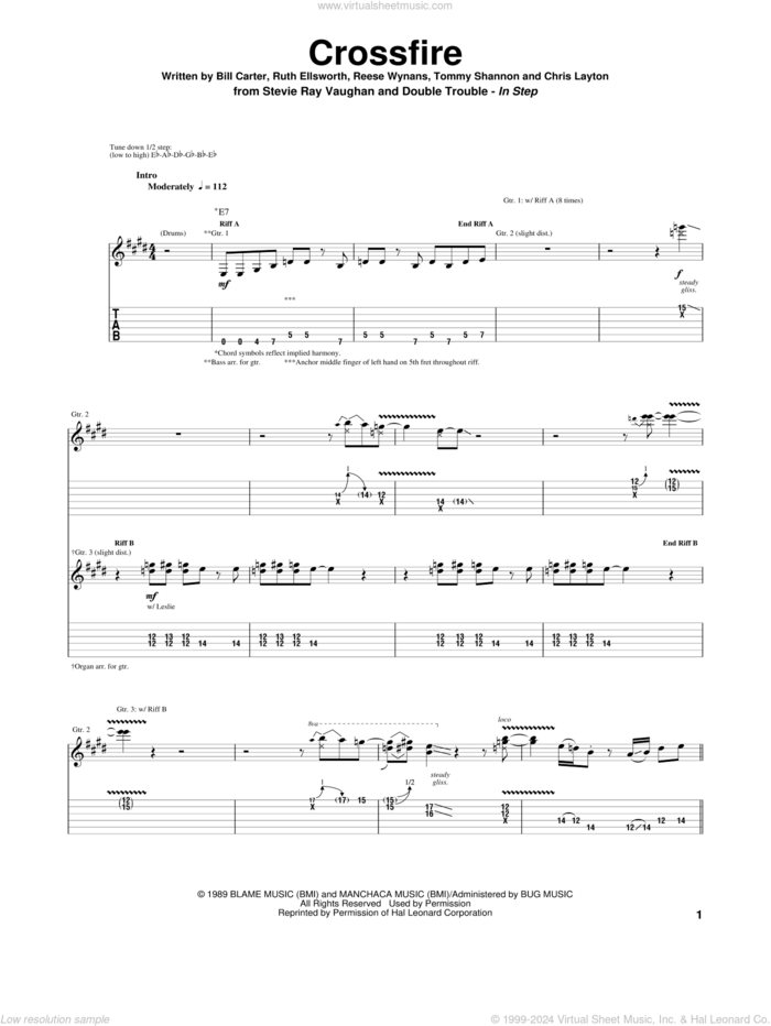 Crossfire sheet music for guitar (tablature) by Stevie Ray Vaughan, Bill Carter, Chris Layton, Reese Wynans, Ruth Ellsworth and Tommy Shannon, intermediate skill level