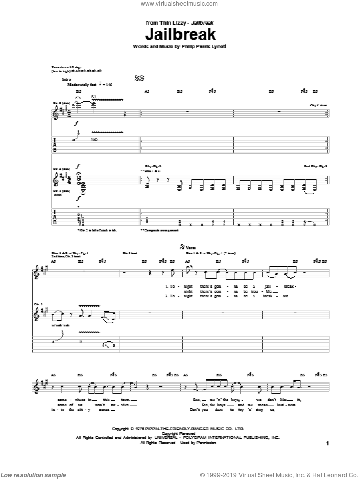Jailbreak sheet music for guitar (tablature) by Thin Lizzy and Phil Lynott, intermediate skill level