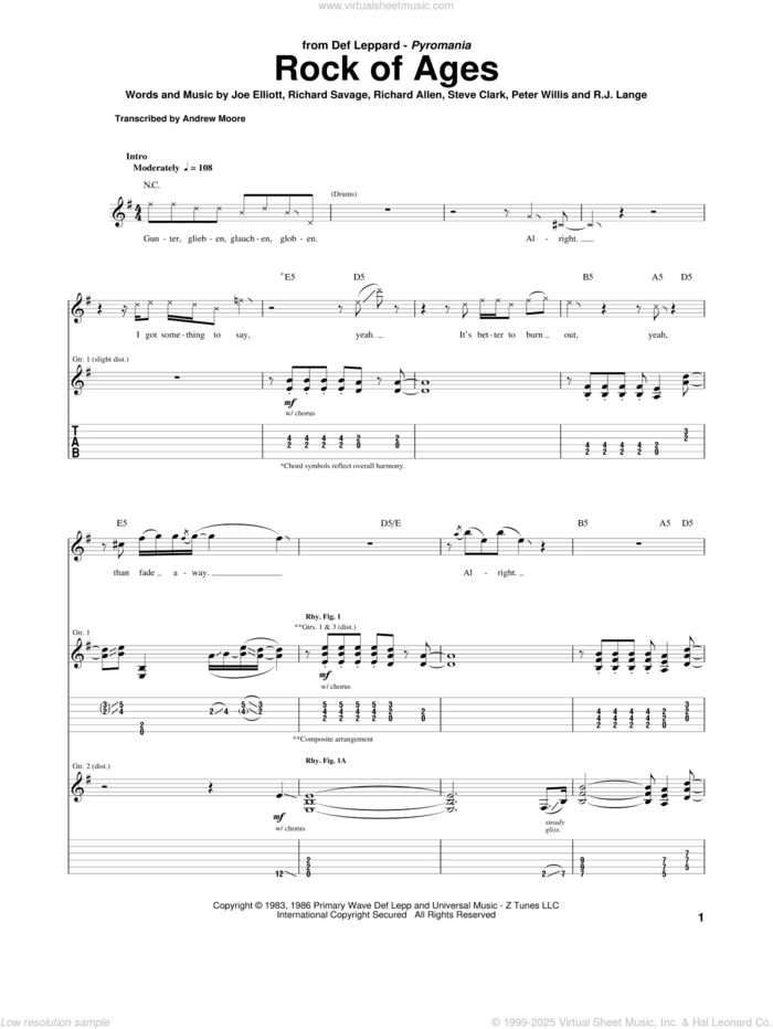 Rock Of Ages sheet music for guitar (tablature) by Def Leppard, Joe Elliott, Peter Willis, Richard Allen, Richard Savage, Robert John Lange and Steve Clark, intermediate skill level