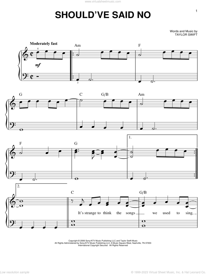 Should've Said No sheet music for piano solo by Taylor Swift and Jonas Brothers, easy skill level
