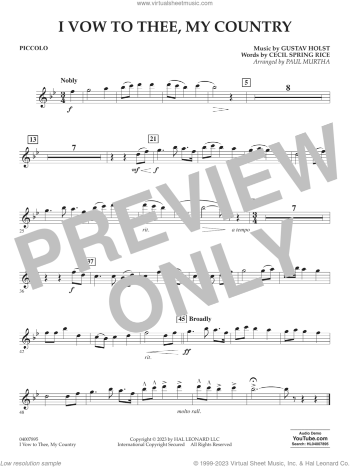 I Vow To Thee, My Country (arr. Murtha) sheet music for concert band (piccolo) by Gustav Holst, Paul Murtha and Cecil Spring Rice, intermediate skill level