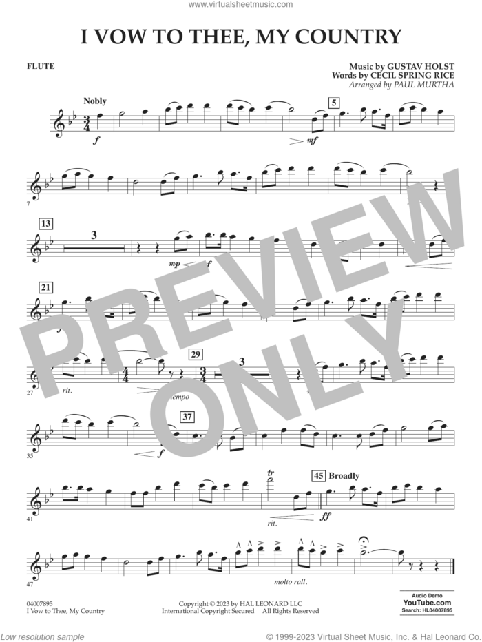 I Vow To Thee, My Country (arr. Murtha) sheet music for concert band (flute) by Gustav Holst, Paul Murtha and Cecil Spring Rice, intermediate skill level