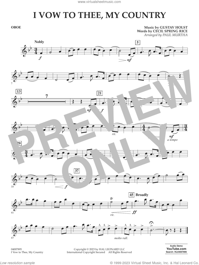 I Vow To Thee, My Country (arr. Murtha) sheet music for concert band (oboe) by Gustav Holst, Paul Murtha and Cecil Spring Rice, intermediate skill level