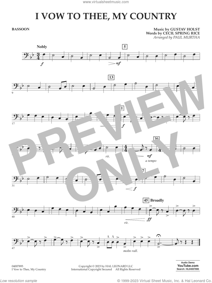 I Vow To Thee, My Country (arr. Murtha) sheet music for concert band (bassoon) by Gustav Holst, Paul Murtha and Cecil Spring Rice, intermediate skill level