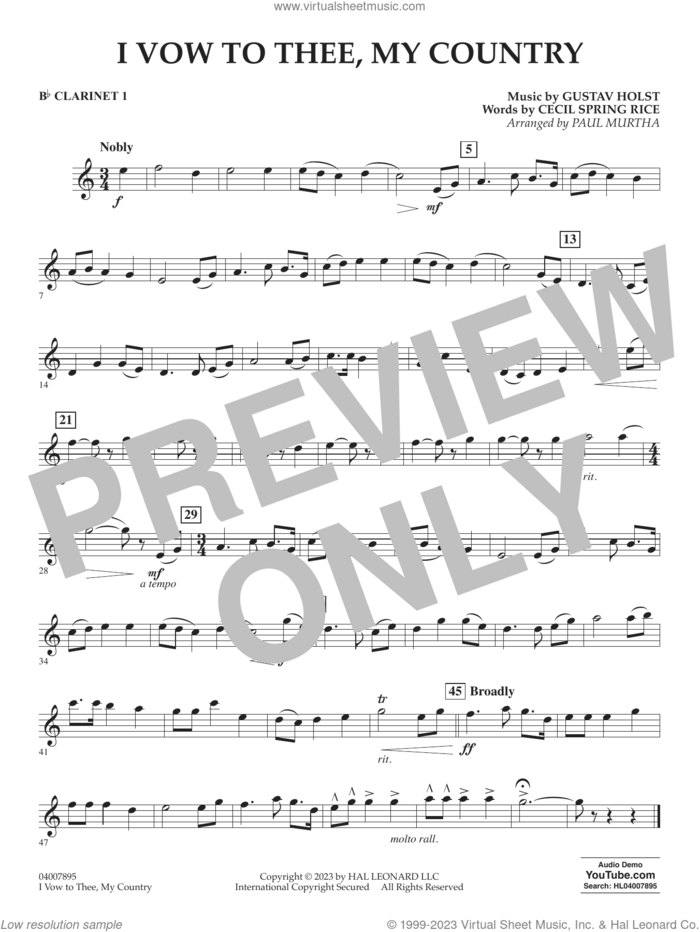 I Vow To Thee, My Country (arr. Murtha) sheet music for concert band (Bb clarinet 1) by Gustav Holst, Paul Murtha and Cecil Spring Rice, intermediate skill level