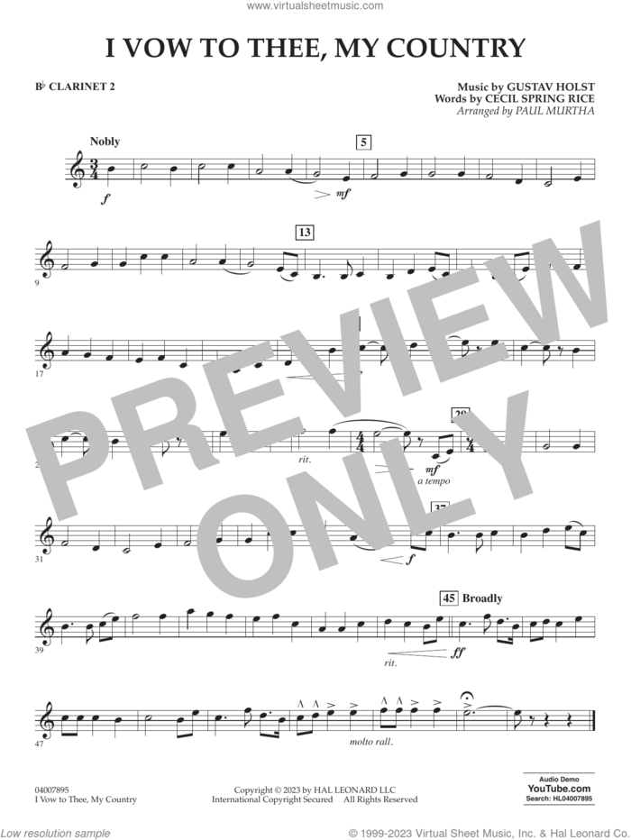I Vow To Thee, My Country (arr. Murtha) sheet music for concert band (Bb clarinet 2) by Gustav Holst, Paul Murtha and Cecil Spring Rice, intermediate skill level