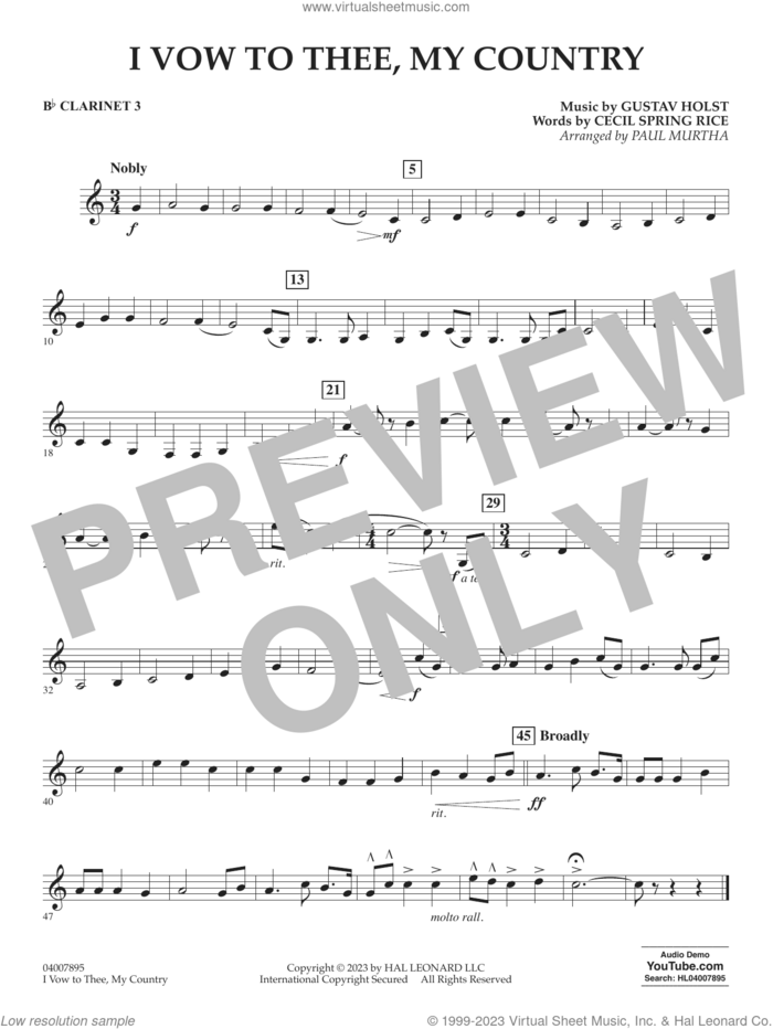 I Vow To Thee, My Country (arr. Murtha) sheet music for concert band (Bb clarinet 3) by Gustav Holst, Paul Murtha and Cecil Spring Rice, intermediate skill level