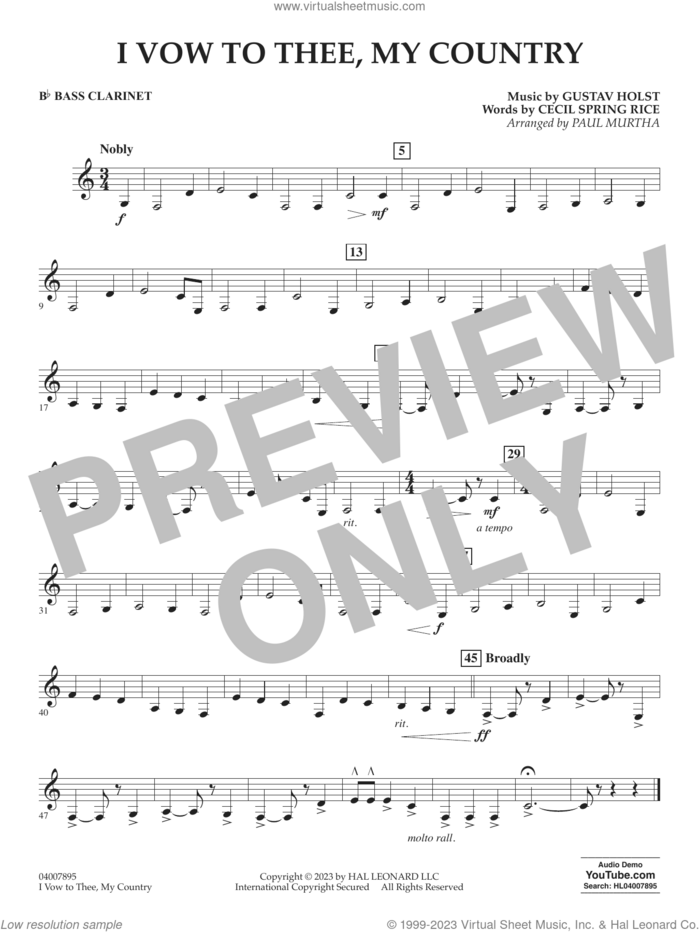 I Vow To Thee, My Country (arr. Murtha) sheet music for concert band (Bb bass clarinet) by Gustav Holst, Paul Murtha and Cecil Spring Rice, intermediate skill level