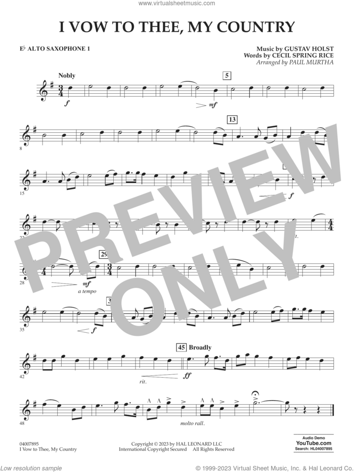 I Vow To Thee, My Country (arr. Murtha) sheet music for concert band (Eb alto saxophone 1) by Gustav Holst, Paul Murtha and Cecil Spring Rice, intermediate skill level