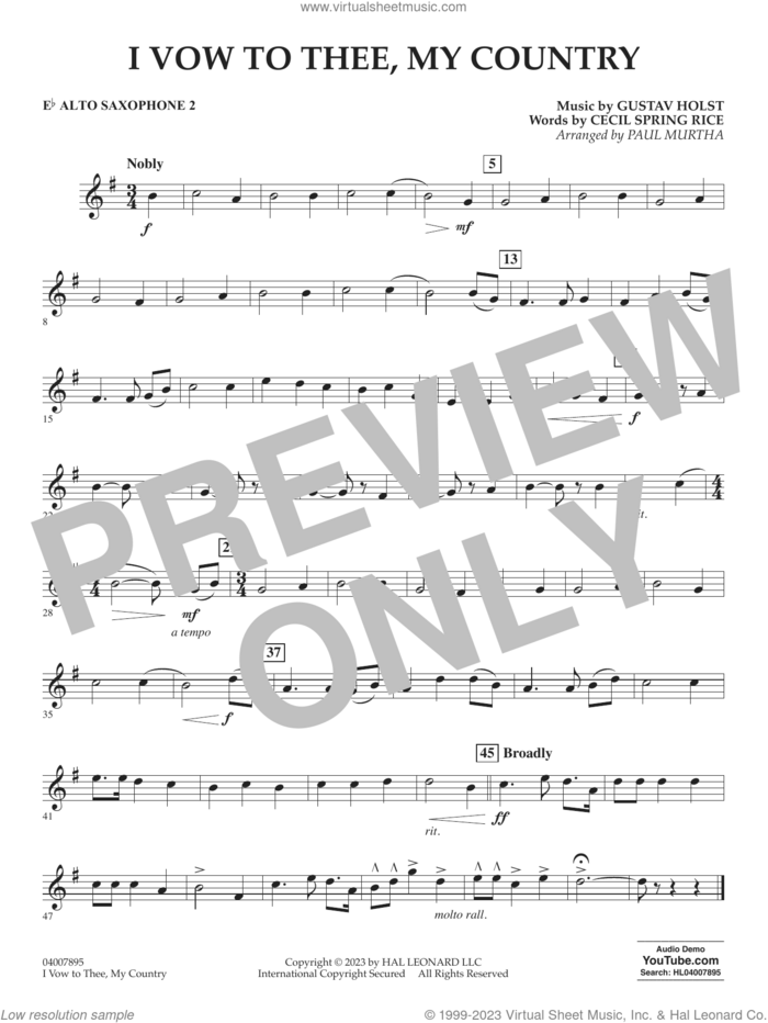 I Vow To Thee, My Country (arr. Murtha) sheet music for concert band (Eb alto saxophone 2) by Gustav Holst, Paul Murtha and Cecil Spring Rice, intermediate skill level