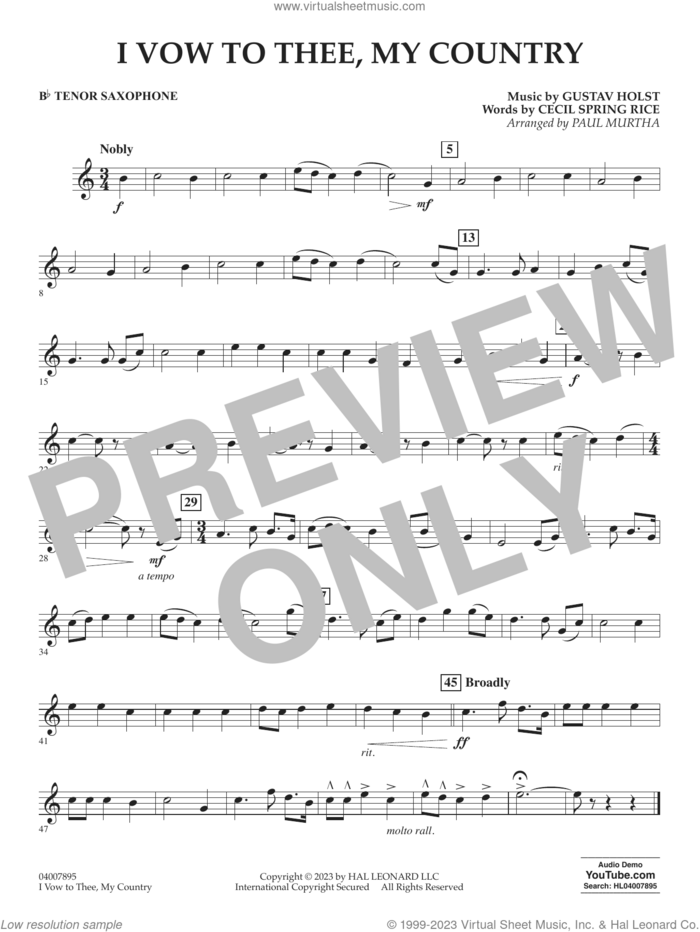I Vow To Thee, My Country (arr. Murtha) sheet music for concert band (Bb tenor saxophone) by Gustav Holst, Paul Murtha and Cecil Spring Rice, intermediate skill level