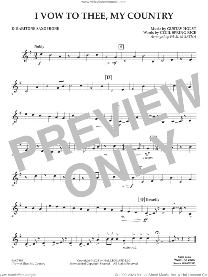 I Vow To Thee, My Country (arr. Murtha) sheet music for concert band (Eb baritone saxophone) by Gustav Holst, Paul Murtha and Cecil Spring Rice, intermediate skill level