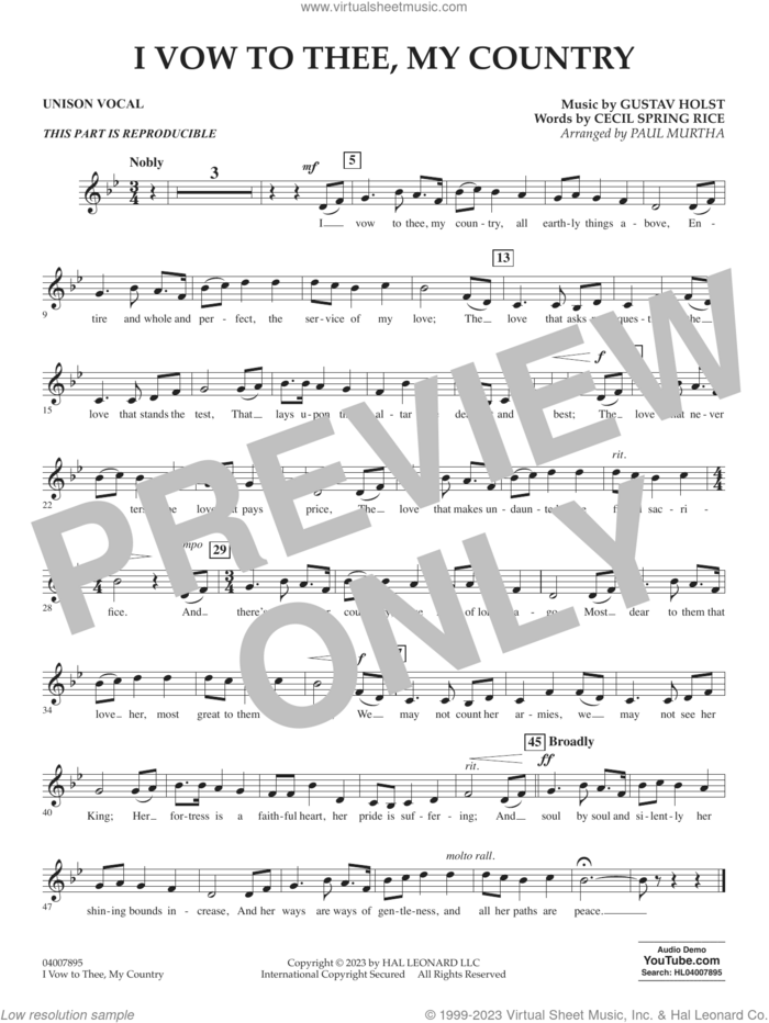 I Vow To Thee, My Country (arr. Murtha) sheet music for concert band (vocal) by Gustav Holst, Paul Murtha and Cecil Spring Rice, intermediate skill level
