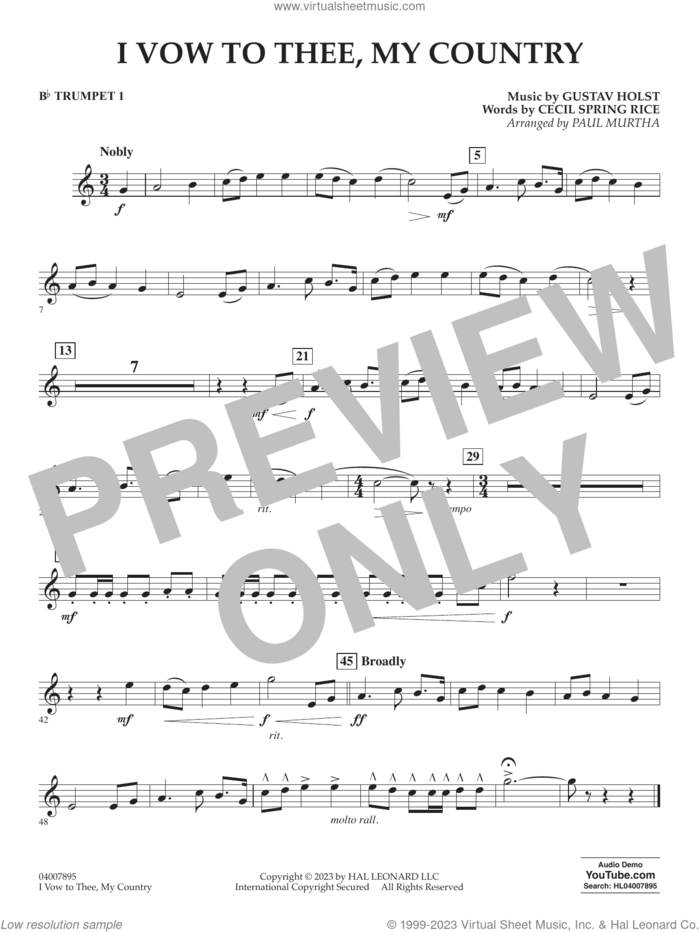 I Vow To Thee, My Country (arr. Murtha) sheet music for concert band (Bb trumpet 1) by Gustav Holst, Paul Murtha and Cecil Spring Rice, intermediate skill level