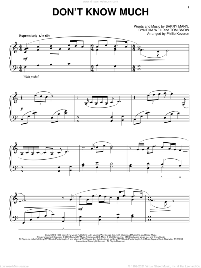 Don't Know Much (arr. Phillip Keveren) sheet music for piano solo by Aaron Neville and Linda Ronstadt, Phillip Keveren, Aaron Neville, Linda Ronstadt, Linda Ronstadt and Aaron Neville, Barry Mann, Cynthia Weil and Tom Snow, wedding score, intermediate skill level