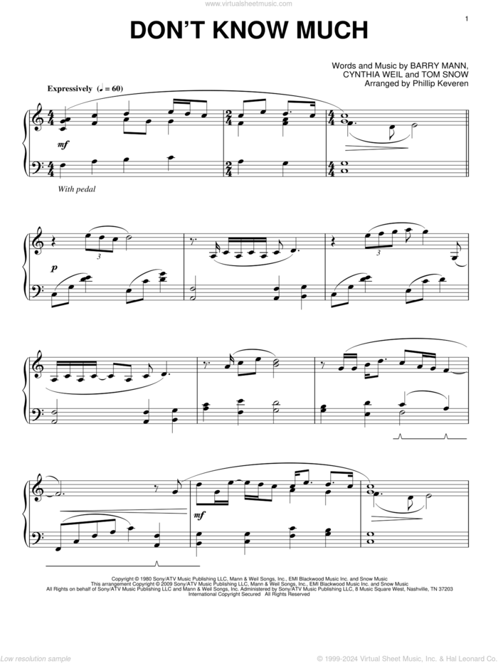 Don't Know Much (arr. Phillip Keveren) sheet music for piano solo by Aaron Neville and Linda Ronstadt, Phillip Keveren, Aaron Neville, Linda Ronstadt, Linda Ronstadt and Aaron Neville, Barry Mann, Cynthia Weil and Tom Snow, wedding score, intermediate skill level