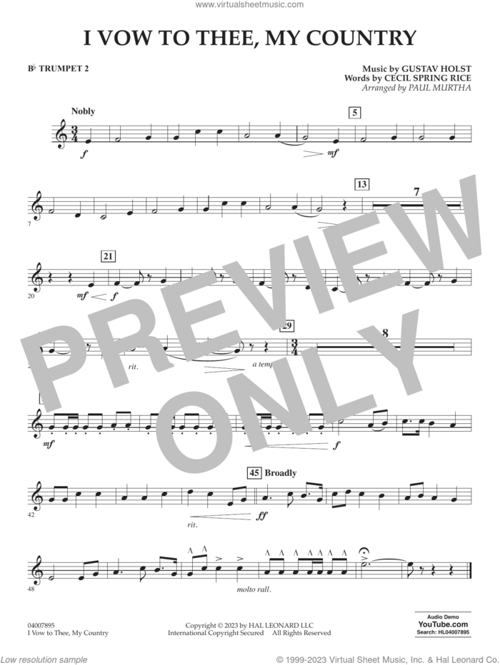I Vow To Thee, My Country (arr. Murtha) sheet music for concert band (Bb trumpet 2) by Gustav Holst, Paul Murtha and Cecil Spring Rice, intermediate skill level