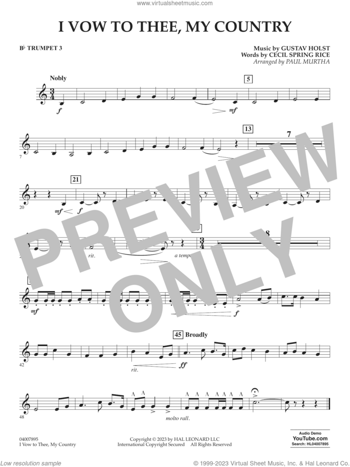 I Vow To Thee, My Country (arr. Murtha) sheet music for concert band (Bb trumpet 3) by Gustav Holst, Paul Murtha and Cecil Spring Rice, intermediate skill level