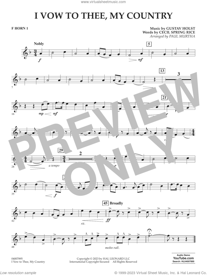 I Vow To Thee, My Country (arr. Murtha) sheet music for concert band (f horn 1) by Gustav Holst, Paul Murtha and Cecil Spring Rice, intermediate skill level