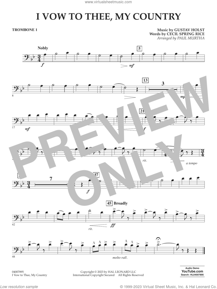 I Vow To Thee, My Country (arr. Murtha) sheet music for concert band (trombone 1) by Gustav Holst, Paul Murtha and Cecil Spring Rice, intermediate skill level
