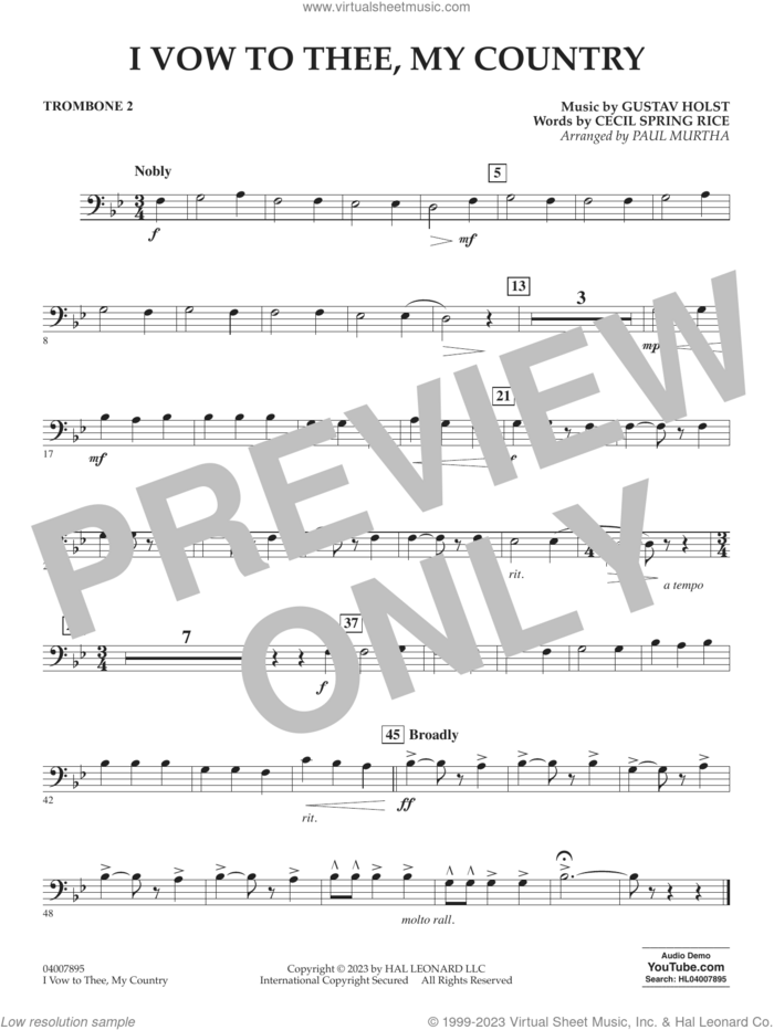 I Vow To Thee, My Country (arr. Murtha) sheet music for concert band (trombone 2) by Gustav Holst, Paul Murtha and Cecil Spring Rice, intermediate skill level