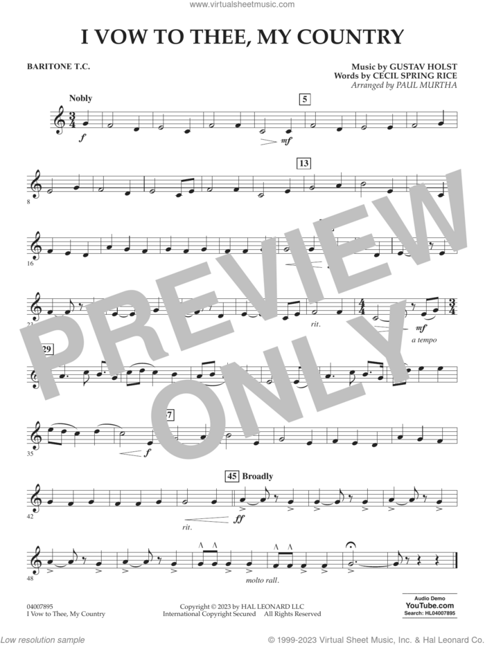I Vow To Thee, My Country (arr. Murtha) sheet music for concert band (baritone t.c.) by Gustav Holst, Paul Murtha and Cecil Spring Rice, intermediate skill level