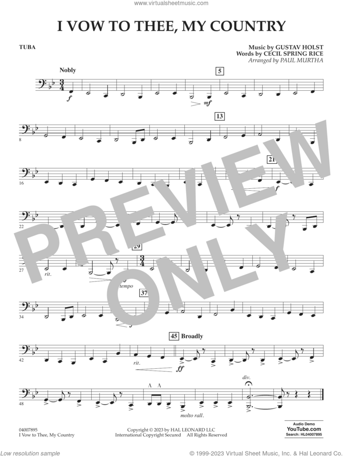 I Vow To Thee, My Country (arr. Murtha) sheet music for concert band (tuba) by Gustav Holst, Paul Murtha and Cecil Spring Rice, intermediate skill level