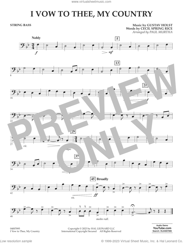 I Vow To Thee, My Country (arr. Murtha) sheet music for concert band (string bass) by Gustav Holst, Paul Murtha and Cecil Spring Rice, intermediate skill level