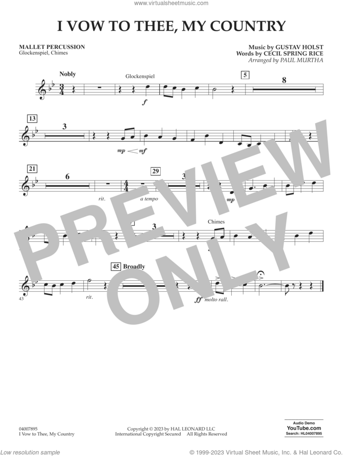I Vow To Thee, My Country (arr. Murtha) sheet music for concert band (mallet percussion) by Gustav Holst, Paul Murtha and Cecil Spring Rice, intermediate skill level