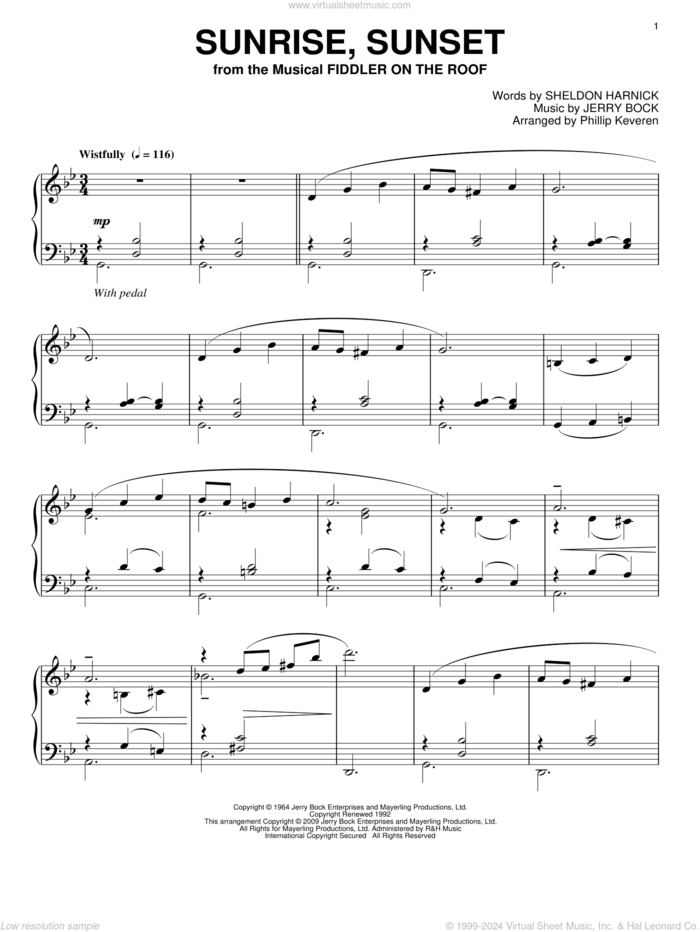 Sunrise, Sunset (arr. Phillip Keveren) sheet music for piano solo by Bock & Harnick, Phillip Keveren, Fiddler On The Roof (Musical), Jerry Bock and Sheldon Harnick, wedding score, intermediate skill level