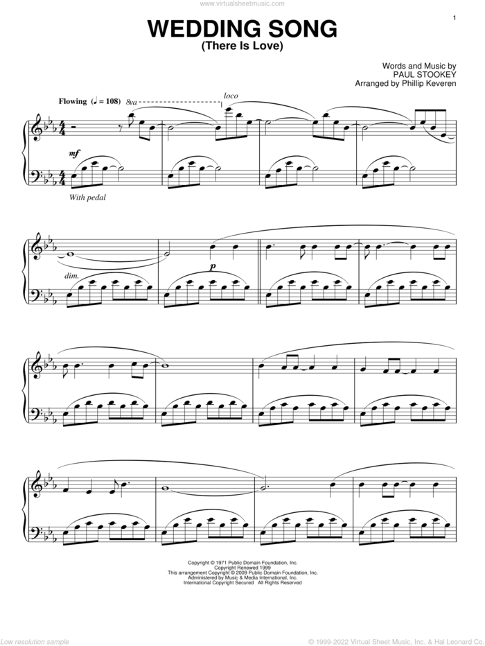 Wedding Song (There Is Love) (arr. Phillip Keveren) sheet music for piano solo by Peter, Paul & Mary, Phillip Keveren, Petula Clark and Paul Stookey, wedding score, intermediate skill level