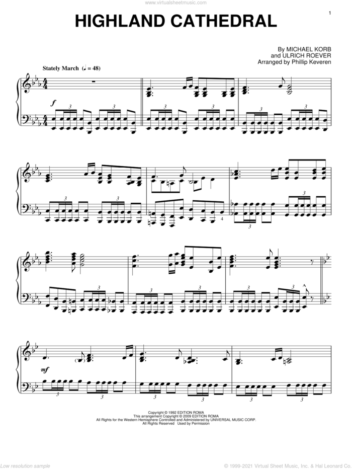 Highland Cathedral (arr. Phillip Keveren) sheet music for piano solo by Michael Korb, Phillip Keveren and Ulrich Roever, wedding score, intermediate skill level