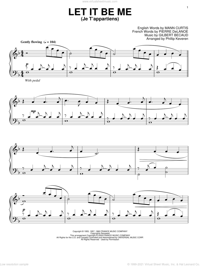 Let It Be Me (Je T'appartiens) (arr. Phillip Keveren) sheet music for piano solo by Elvis Presley, Phillip Keveren, Gilbert Becaud, Mann Curtis and Pierre Delanoe, wedding score, intermediate skill level