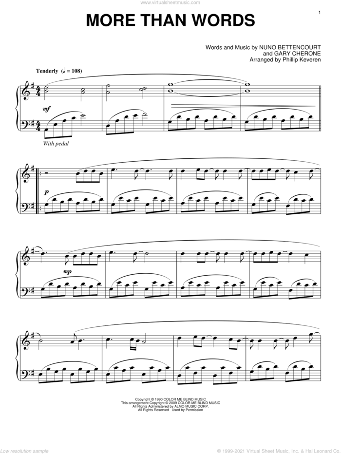 More Than Words (arr. Phillip Keveren) sheet music for piano solo by Extreme, Phillip Keveren, Gary Cherone and Nuno Bettencourt, wedding score, intermediate skill level