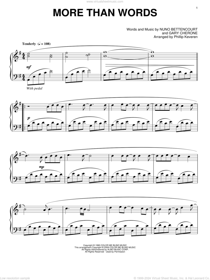 More Than Words (arr. Phillip Keveren) sheet music for piano solo by Extreme, Phillip Keveren, Gary Cherone and Nuno Bettencourt, wedding score, intermediate skill level