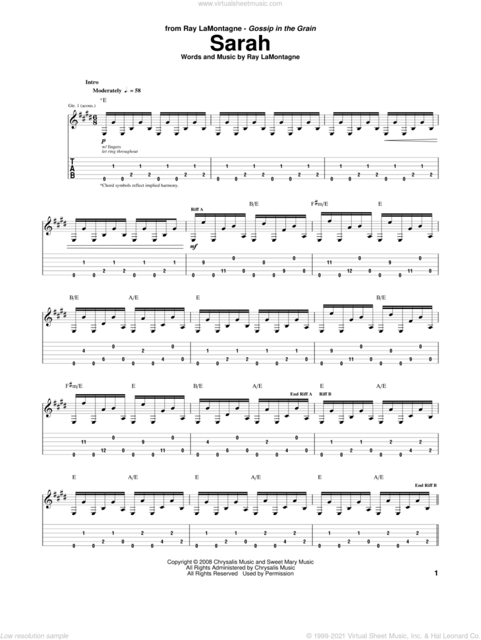 Sarah sheet music for guitar (tablature) by Ray LaMontagne, intermediate skill level