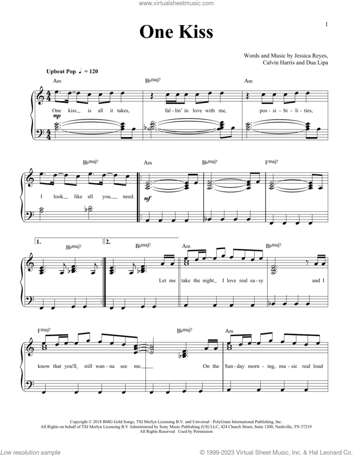 One Kiss sheet music for piano solo by Calvin Harris & Dua Lipa, Calvin Harris, Dua Lipa and Jessica Reyes, easy skill level