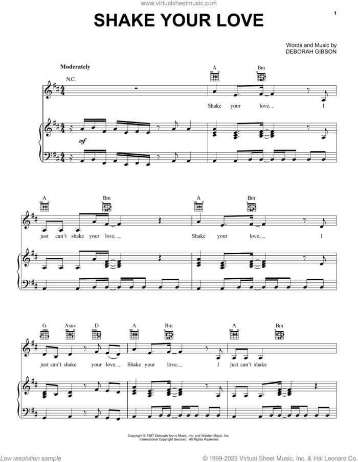 Shake Your Love sheet music for voice, piano or guitar by Debbie Gibson and Deborah Gibson, intermediate skill level