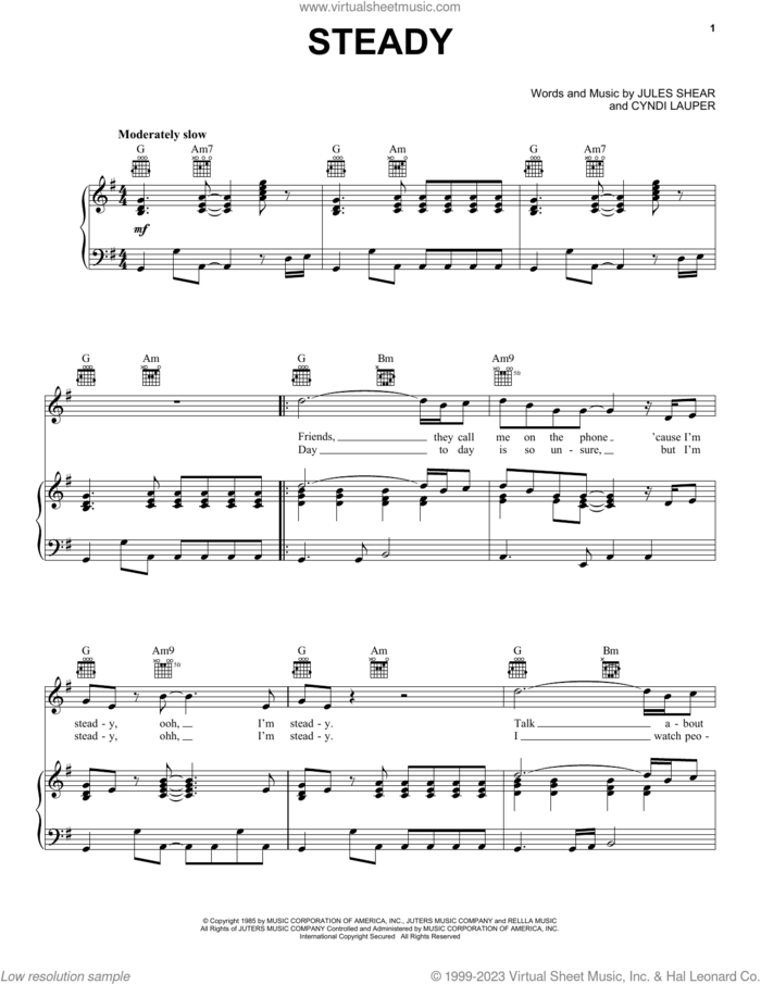 Steady sheet music for voice, piano or guitar by Jules Shear and Cyndi Lauper, intermediate skill level