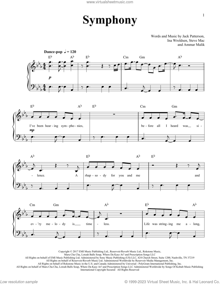 Symphony (feat. Zara Larsson) sheet music for piano solo by Clean Bandit, Ammar Malik, Ina Wroldsen, Jack Patterson and Steve Mac, easy skill level
