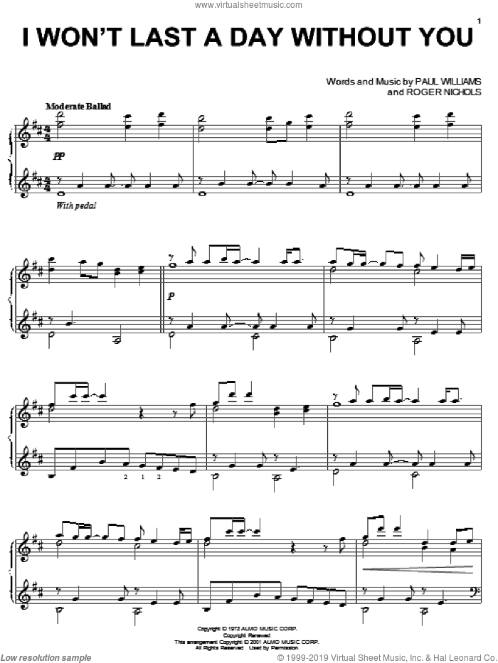 I Won't Last A Day Without You sheet music for piano solo by Carpenters, Paul Williams and Roger Nichols, wedding score, intermediate skill level