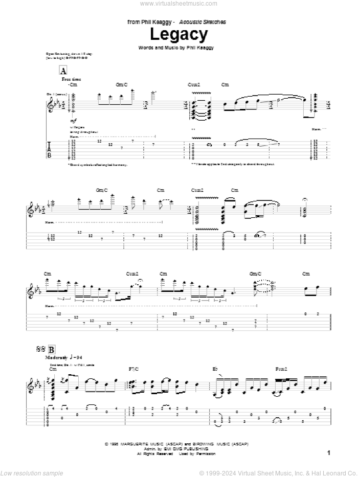 Legacy sheet music for guitar (tablature) by Phil Keaggy, intermediate skill level