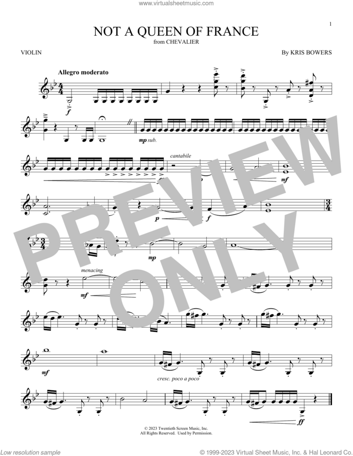 Not A Queen Of France (from Chevalier) sheet music for violin solo by Kris Bowers and Chevalier de Saint-Georges, classical score, intermediate skill level